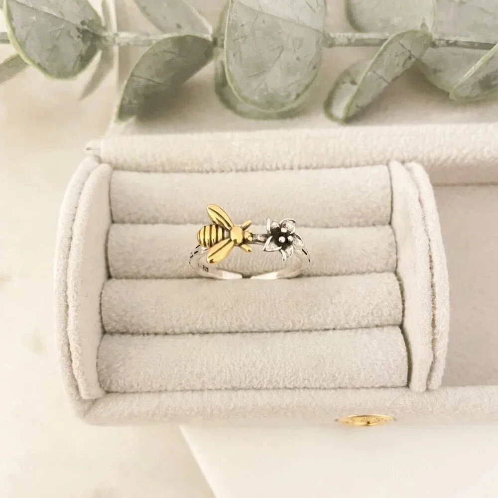 925 Sterling Silver Bee Ring Two Tone Ring Dainty Bee Ring Silver & Gold Ring